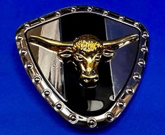 Long Horn Bull Steer Cow Black Stripe On Reflective Shield Pattern Belt Buckle