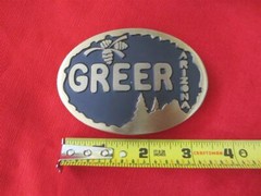 New GREER ARIZONA brass belt buckle gold tone holmes HI-LO 3 1/2&Prime;w oval 2 3/8&Prime;
