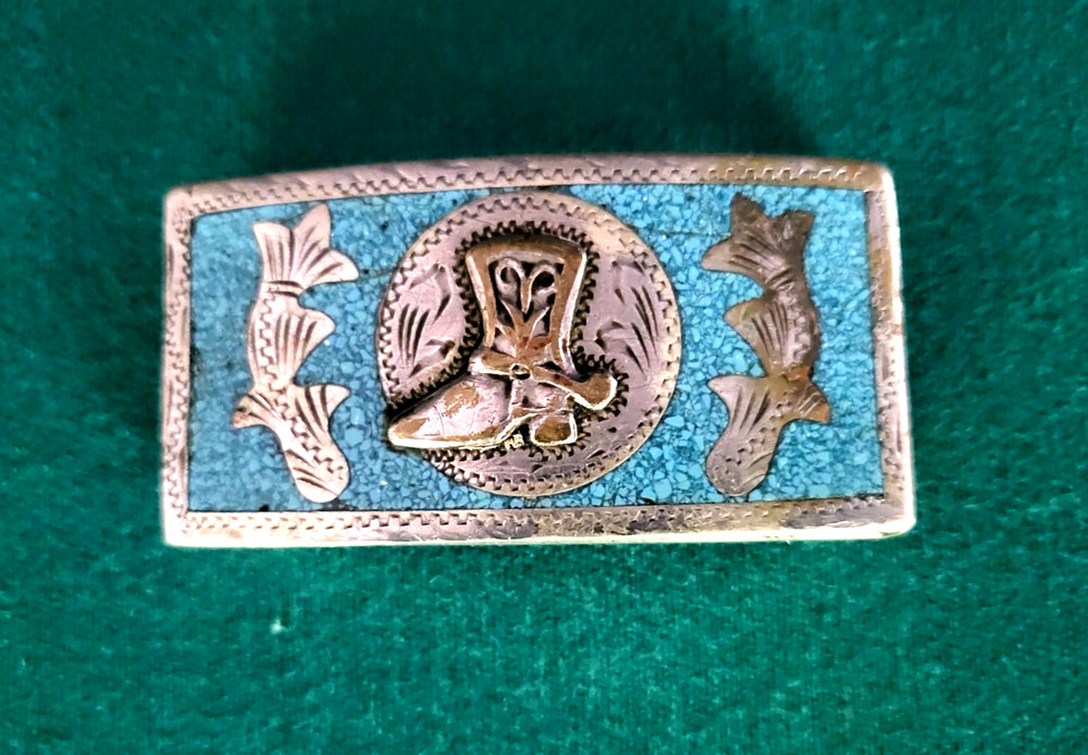 Vintage 1970s Alpaca Mexico Turquoise Silver Cowboy Boot Belt Buckle