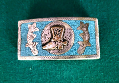 Vintage 1970s Alpaca Mexico Turquoise Silver Cowboy Boot Belt Buckle