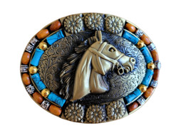 Brass Finish Southwest Horse Head Buckle Western Turquoise Stone Belt Buckle