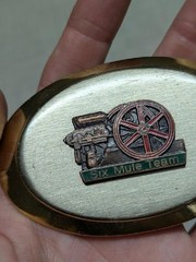 vintage SIX MULE TEAM belt buckle ENGINE western TRACTOR chrome cowboy AMANCO