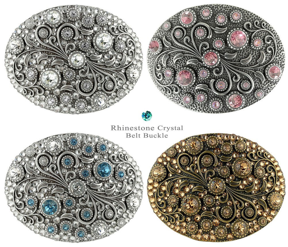 Rhinestone Crystal Belt Buckle Oval Floral Engraved Buckle Fits 1-1/2&Prime;(38mm)