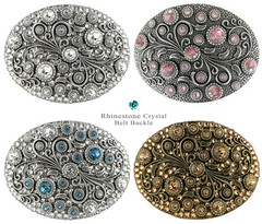 Rhinestone Crystal Belt Buckle Oval Floral Engraved Buckle Fits 1-1/2&Prime;(38mm)