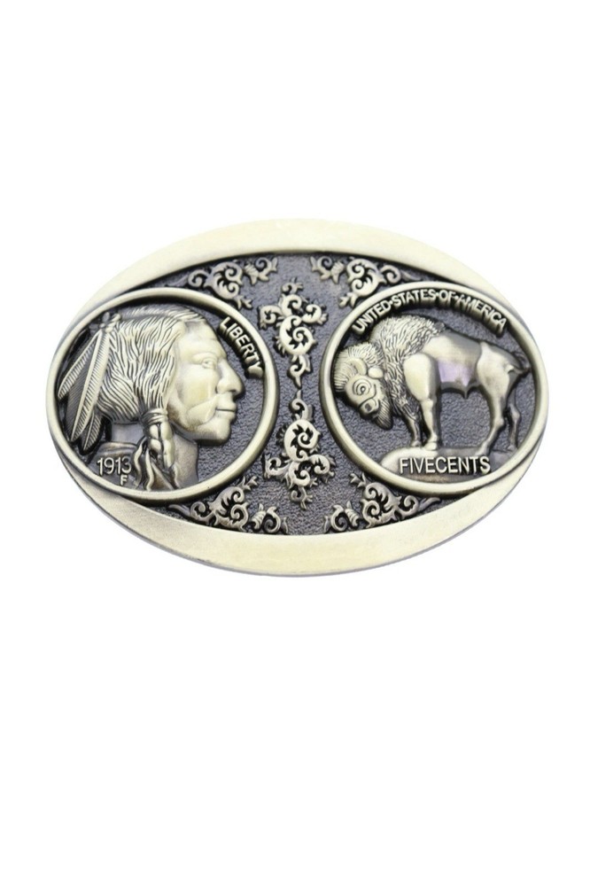 Men Antique Gold Metal Fashion Belt Buckle Big Native Buffalo Bull 5 Cents Coin