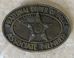 Vintage 1970s Fraternal Order of Police WESTERN buckle SOLID BRASS Cowboy *Worn*