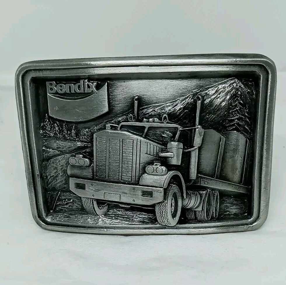 Vtg. Uniq Bendix Metal Embossed belt buckle Shaped Tractor-Trailer Truck.USA