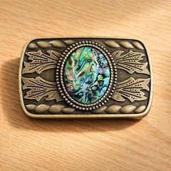 Abalone Shell Belt Buckle Engraved Silver Turquoise Inlay Fits 1.5 Inch Belt