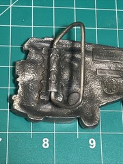 RED FIRE LADDER TRUCK SHAPED CUTOUT BELT BUCKLE BERGAMOT BRASS WORKS USA 1978