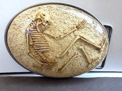 TWO SILVER TONE METAL MOMENTO MORI SKELETON BELT BUCKLES