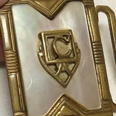 Vintage Belt Buckle Shell Inlaid Brass Ornate Design Marked Gloray Newport