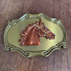 Vintage Horse Head Western Brass Belt Buckle Scalloped Raintree Made In USA 70s