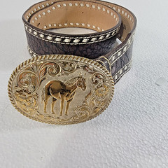 Vintage CRUMRINE Belt Buckle BRONZE Engraved HORSE Cowboy WESTERN Gold RODEO