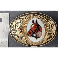 Vintage Brass Horse Head Belt Buckle with Porcelain Cameo 3.25&Prime; Western