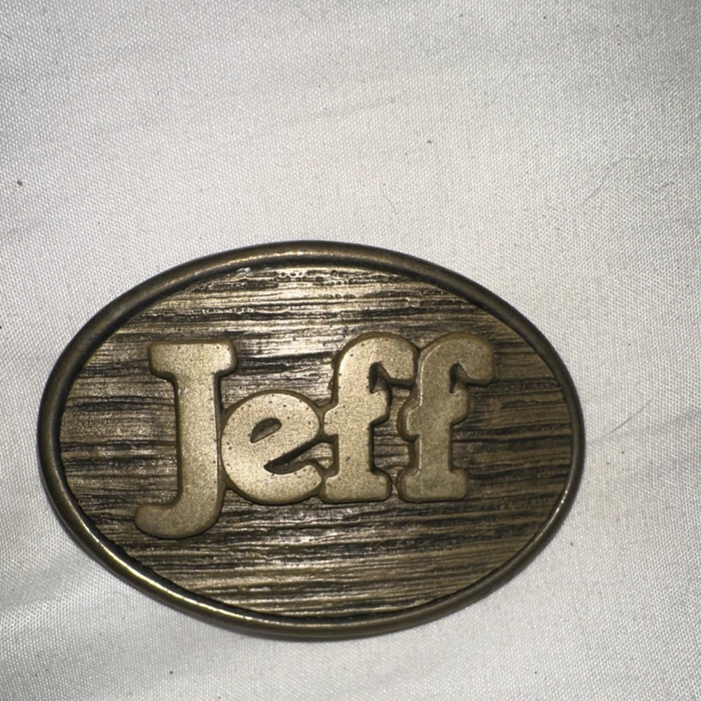 Oden Gold Bronze Metal Oval Textured Frame Belt Buckle for Men Jeff Name
