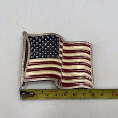 Metal Belt Buckle American Flag Waving Stamped #2155 Patriotic 2.5&Prime; x 3&Prime; Vintage