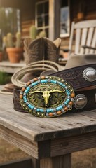 New Men Women Rusty Gold Metal Buckle Western Fashion Bull Long Horns Cow Texas
