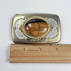 Vintage Western Belt Buckle Gold Silver Tone Tiger&rsquo;s Eye Oval Cowboy Accessory