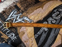 Vintage Western Leather Belt Unmarked Brass Buckle Hand Tooled sz 46 Used