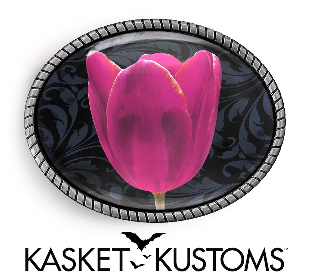Pink Tulip Belt Buckle – Flower Demask Pattern, Silver or Gold, Oval Rope Buckle