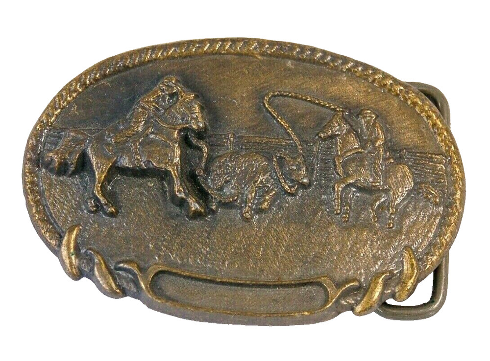 Team Calf Ropers 1982 men&rsquo;s brass belt buckle high relief 3.5 inches