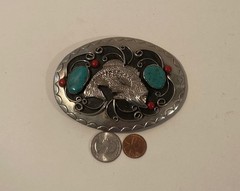 Vintage Metal Belt Buckle, Silver and Turquoise, Bass, Fishing, Hand Crafted