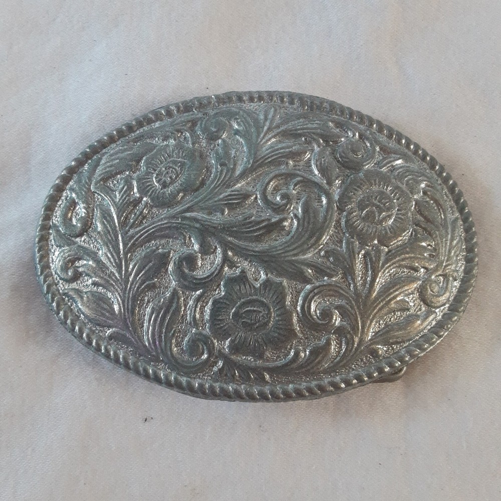 Antique Vintage Silver Western Flower Cowgirl Oval Belt Buckle