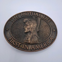 Vintage The Mutual Life First in America Insurance Advertising Metal Belt Buckle