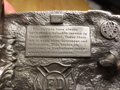 Vintage 1985 Americas Firefighters Metal Belt Buckle Red Enamel Sisikiyou FD USA