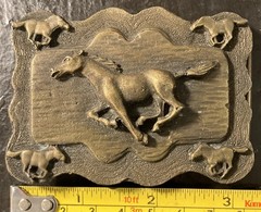 Vtg belt buckle running horses cowgirl cowboy equestrian western brass toned