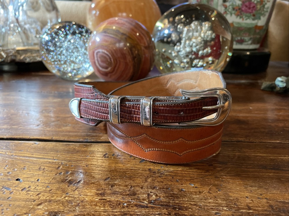 Chacon James Reid style Sterling Silver Belt Buckle Set Western 🦎🐂 31-33”✅