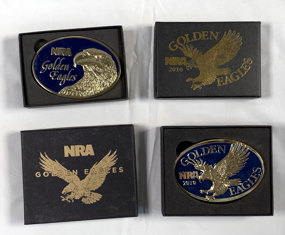 2 NRA National Rifle Association Brass Belt Buckles 2010 Golden Eagles in Boxes