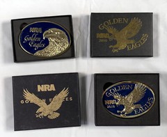 2 NRA National Rifle Association Brass Belt Buckles 2010 Golden Eagles in Boxes