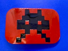 Iconic Pixelated Alien Space Invaders Arcade Game Red Black Enamel Belt Buckle