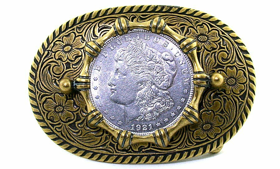 Gold Color Oval Western REAL 1921 Morgan Silver Dollar Belt Buckle PBB41