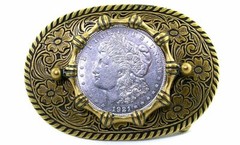 Gold Color Oval Western REAL 1921 Morgan Silver Dollar Belt Buckle PBB41