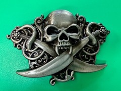 Vampire Teeth Skull Crossed Sword&rsquo;s Cutout Halloween Gothic Biker Belt Buckle
