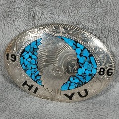 Vintage 1986 HI YU Native American Chief Turquoise Chip Inlay Belt Buckle
