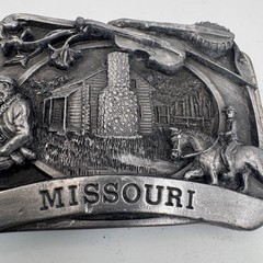 Vintage Missouri State Belt Buckle Pioneer Log Cabin Fiddle Banjo Pewter Tone