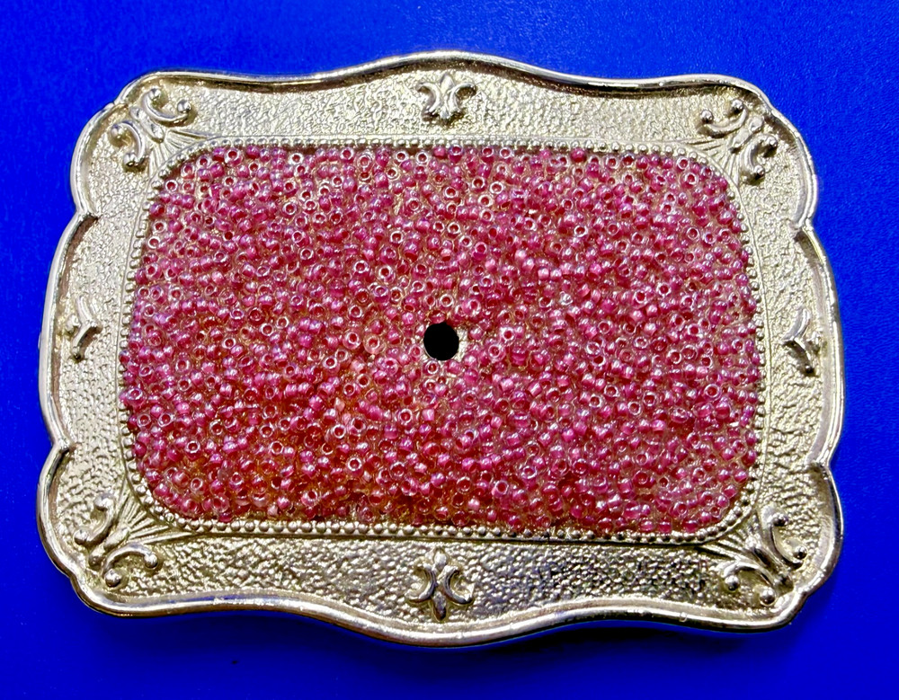 Rectangular Red Pink Bead Covered Belt Buckle Center Hole For Craft Or Project