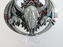 New Raised Steer Skull Belt Buckle Enameled South Western Metal Pewter Tone