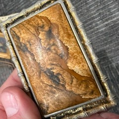 Vintage Gold Tone Metal & Jasper? Stone Belt Buckle W/ Bamboo Style Trim Cowboy
