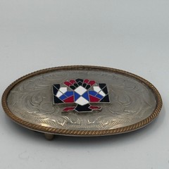 Vintage German Silver Thunderbird Belt Buckle Western Enamel Floral Engraved