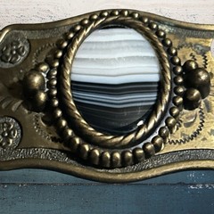 Vtg Western Brass Belt Buckle Banded Agate Stone Cabochon Scrollwork Cowboy Boho