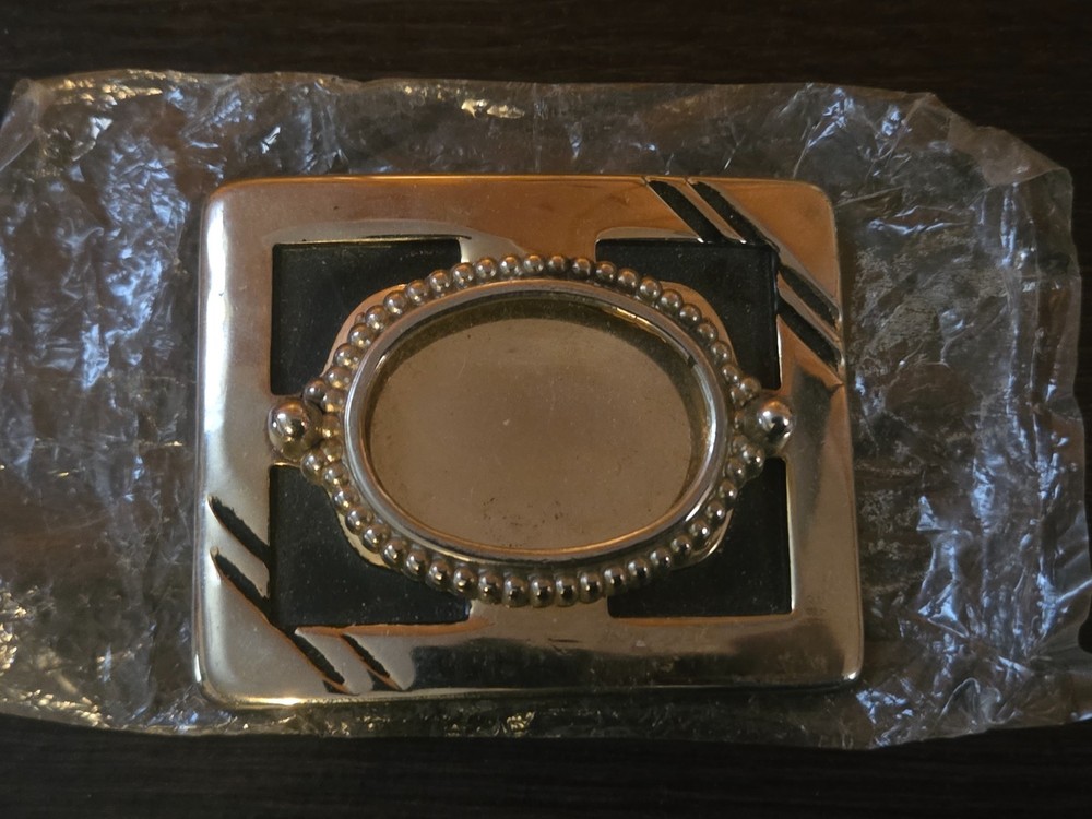 NOS Silver Tone Coin Belt Buckle Blank Black Accent Custom Western Craft