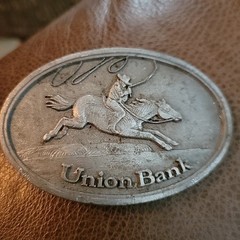 Vintage Western Belt Buckle Cowboy On A Horse Union Bank Lasso Pewter Western