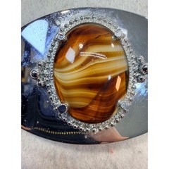 Vintage Western Silver Tone Oval Belt Buckle Brown Banded Agate Stone Beaded