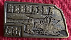 NEBRASKA 1867 VINTAGE BELT BUCKLE COVERED WAGON HORSE OXEN AMERICAN PIONEER 1975