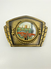 Vintage Railroad Metal Locomotive Belt Buckle Ceramic Inlay Train Collectible