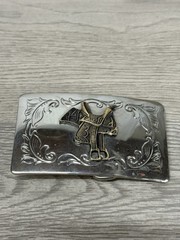 Vintage Western Saddle 3 Dimensional on Floral Silver Tone Belt Buckle